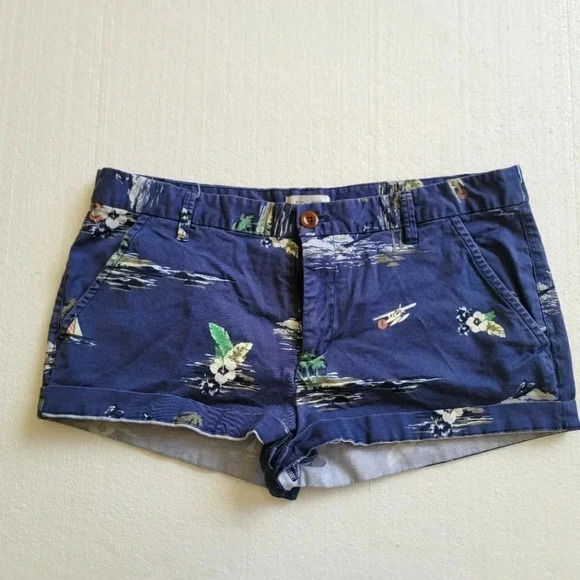Womens Fossil Chino Shorts Navy blue tropical palm trees Boats Print size 12 - Picture 1 of 9